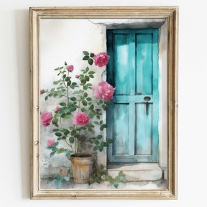 Mediterranean Wall Art, Turquoise Door Painting, Greek House Door & Flowers, Pink Rose Flowers Print, Printable Printable Wall Decor
