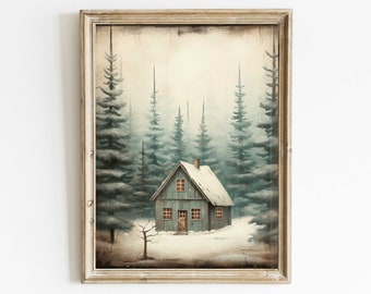Vintage Forest Cabin Print, Rustic Home Decor, Little Cottage Print, Forest Wall Art, House in the Woods, Printable Nature Art