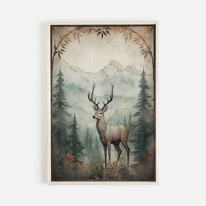 May include: A watercolor painting of a deer standing in a forest with mountains in the background. The deer is brown and white and has large antlers. The forest is green and the mountains are blue and white.