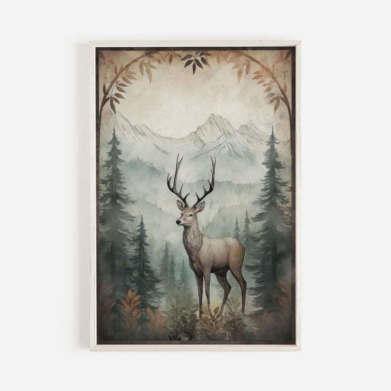May include: A watercolor painting of a deer standing in a forest with mountains in the background. The deer is brown and white and has large antlers. The forest is green and the mountains are blue and white.
