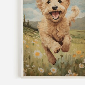 May include: A golden doodle dog runs through a field of white and yellow wildflowers. The dog has a happy expression on its face and its tongue is sticking out. The background is a blurry landscape with mountains in the distance.