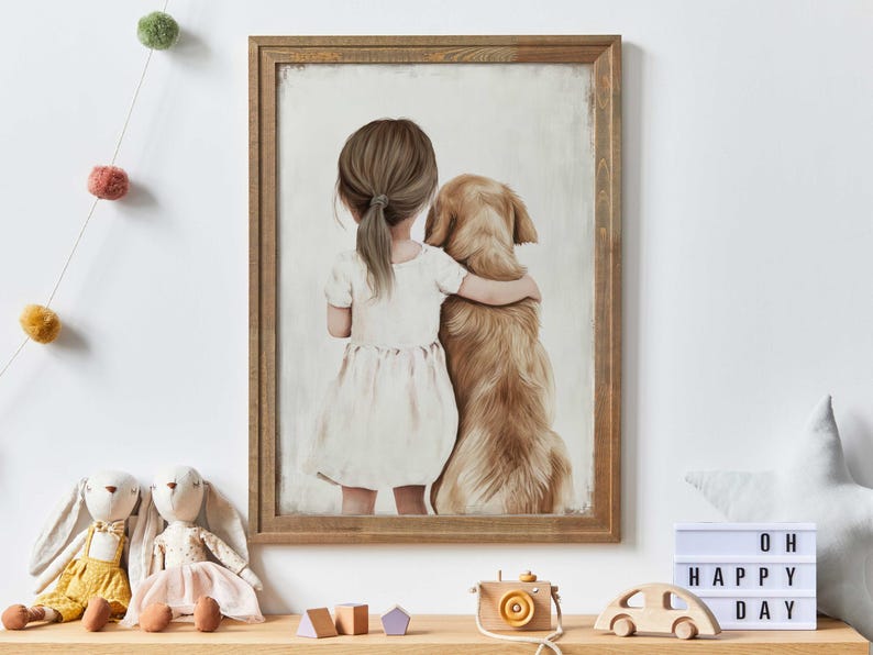 May include: A framed print depicts a young person in a white dress embracing a golden retriever. The artwork is in a wooden frame and is displayed on a shelf with toys and a light-up sign that reads "OH HAPPY DAY".