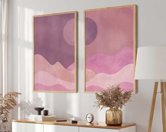 Boho Landscape Wall Art - Pink Sun and Moon Dual Painting, Day and Night Print, Set of Two