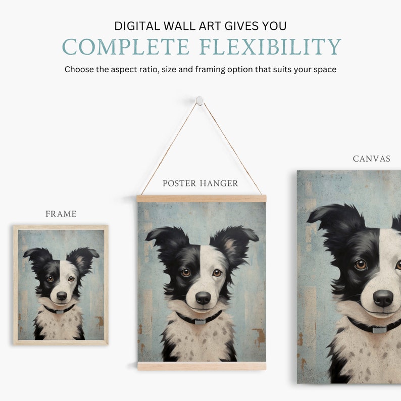 K&ouml;nnte beinhalten: Ein digitaler Wandkunstdruck eines schwarz-wei&szlig;en Hundes mit einem wei&szlig;en Fleck auf der Brust. Der Druck wird in drei verschiedenen Rahmenoptionen gezeigt: einem Rahmen, einem Posterhalter und einer Leinwand.