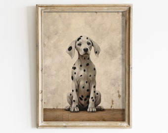 May include: A framed illustration of a Dalmatian puppy sitting with a neutral expression. The puppy is white with black spots and is set against a beige background.