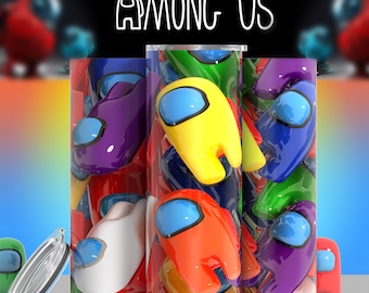 May include: A cylindrical tumbler featuring a repeating pattern of colorful Among Us crewmate characters in yellow, orange, purple, blue, green, and white, each with a light blue visor. The text Among Us is printed in white at the top.