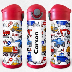 Personalized 12oz Kids Stainless Steel Tumbler Including a Leakproof Flip-Top Lid with Built-In Handle & Internal Straw-Construction Vehicle
