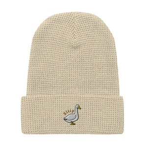 May include: A beige waffle knit beanie with an embroidered gray duck and the word "Silly" in brown text.