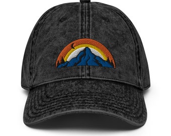 Mountain Hat Embroidery for Camping Sunset Mountain Hat for Outdoors Embroidered Hat Unique Vintage Style Mountain Cap