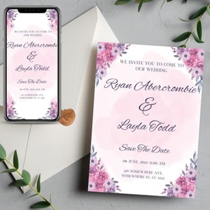 Mauve Watercolor Flower Wedding Invitation | Digital Wedding Card | Printable Wedding Invitation | Editable Wedding Invite | PDF