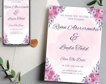 Mauve Watercolor Flower Wedding Invitation | Digital Wedding Card | Printable Wedding Invitation | Editable Wedding Invite | PDF
