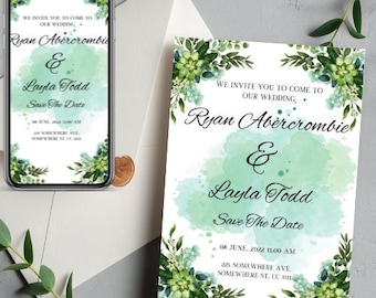 Greenery Watercolor Flower Wedding Invitation | Editable Wedding Card | Printable Wedding Invitation | Digital Download | Wedding Invite