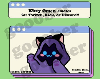 May include: A purple cat wearing a black hooded cloak with blue eyes and a pink blush. The cat is waving with its paw. The image is in a browser window with the text "Kitty Omen emotes for Twitch, Kick, or Discord!!" at the top and "Tik Tok: gooober" at the bottom. The image is surrounded by a light green background.