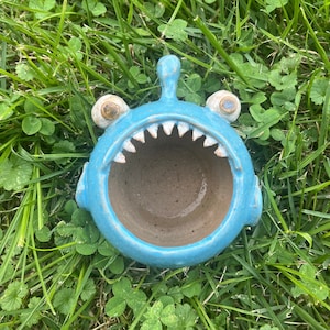 May include: A handmade, blue ceramic bowl shaped like a monster with large, white teeth and bulging eyes. The bowl is set against a backdrop of green grass and clover.