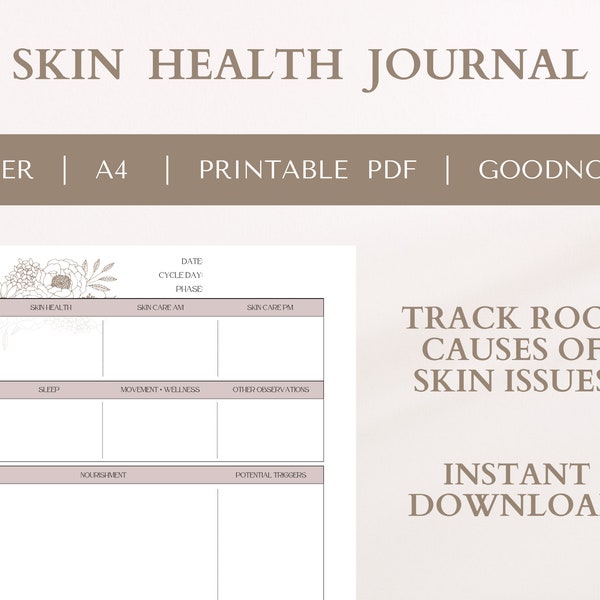 Journal quotidien de santé de la peau | Journal de l'acné | Journal alimentaire | Suivi des symptômes | PDF imprimable | Lettre | A4 | Bonnes notes