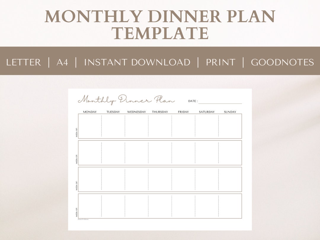 Monthly Dinner Plan Template | Meal Prep | Landscape | Letter | A4 ...