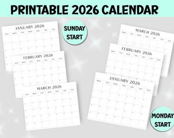 2026 Printable Calendar Bundle | Sunday & Monday Start | Minimalist Monthly Planner | PDF | Instant Download