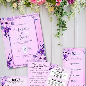 Elegant Purple Floral Wedding Invitation Suite, Printable Canva Invite Set, Floral Invitation, Purple Flower, Digital Download template, PDF