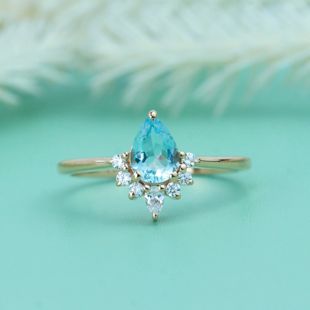 Teardrop Aquamarine Ring Pear Cut Aquamarine Engagement Ring Etsy