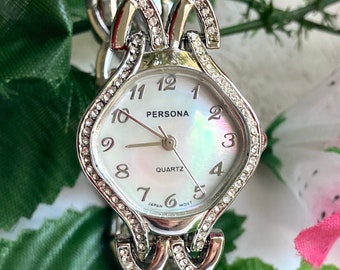 Charming Bling Ladies Watch with CZ diamond Case and Bracelet, with Mother Pearl Dial - Great Gifts for Her!