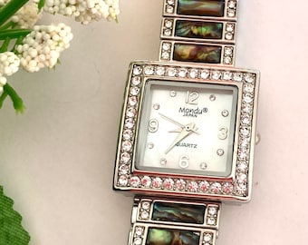 Charming Multi Rhinestones Ladies Watch with Mother Of Pearl, CZ diamonds Dial, Stainless Bracelet, Great Gifts for Her!