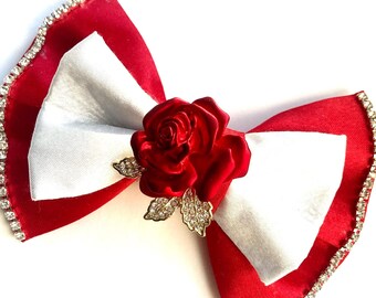 Red Rose Radiance  Bow with Rhinestones Dog Bow, Valentines Bow, Bow Tie for Dog & Cat, or Hair Bow for Girl Size  S3..5&quot; - L5.5&quot;