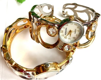 Striking Two-tone Bangle Ladies Watch with CZ diamond Stainless Steel Bangle Watch, Great Gifts for Her!