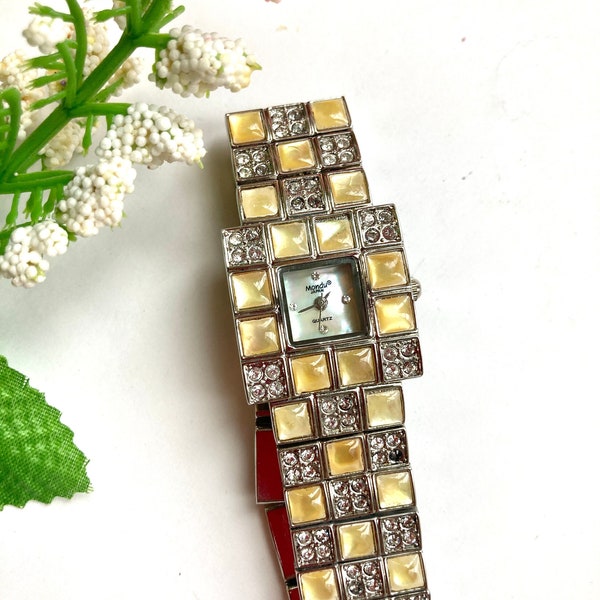 Charming  Rhinestones Ladies Watch with Mother Of Pearl, CZ diamonds Dial, Stainless Bracelet, Great Gifts for Her!
