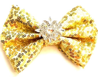 Golden Glam Rhinestone Sequin Bow, Custom Made Dog Bow, Bow Tie for Dog & Cat, or Hair Bow for Girl - Size S3.5" - L5.5"