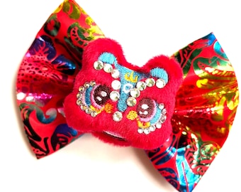 Dragon Dynasty Rhinestone Lunar Bow, Hologram, Custom Made Dog Bow, Bow Tie for Dog & Cat, or Hair Bow for Girl Size S3.5" - L 5.5"