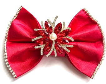 Crimson Luxe Rhinestone Satin Bow, Custom Made Dog Bow, Bow Tie for Dog & Cat, or Hair Bow for Girl, S3.5 -L5.5"