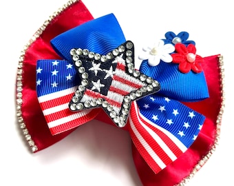 Star-Spangled Rhinestone Bow, Memorial Day, July 4th, Custom Made Dog Bow, Bow Tie for Pet, or Hair Bow for Girl, Size S3.5" to L5.5"