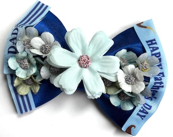 Father’s Day Wild Bloom Satin Bow,#1 Dad, Flowers, Custom Made Dog Bow, Cat Bow, Bow Tie for Pet, Hair Bow for Girl -S3.5" - L5.5"