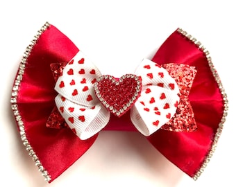 Red Heart Bling Bow – Valentine’s Day Sparkle,  Rhinestone, Custom Made Dog Bow, Bow Tie for Dog & Cat, or Hair Bow for Girl, S3.5" - L5.5"