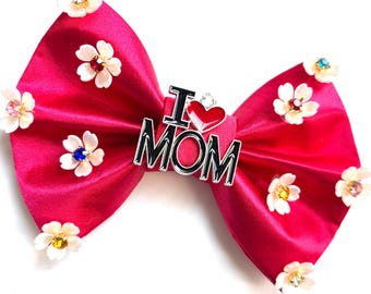 Blooming Love Mom Bow, I Love Mom, 3D, Rhinestone, Custom Made Dog Bow, Cat Bow, BowTie, Hair Bow for Girl - Small  3.5" to Large 5.5"