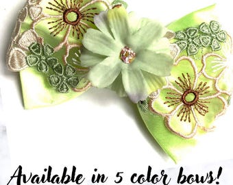 Garden Lace Bloom Satin Bow, Pink, Lavender, Lime, Yellow  Custom Made Dog Bow, Cat Bow, Bow Tie for Pet, Hair Bow for Girl S3.5&quot; - L5.5&quot;