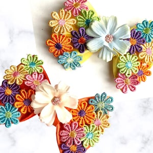 Flower Power Blossom Satin Bow, Groovy, Custom Made Dog & Cat Bow, Pet Bowtie, or Hair Bow for Girl -Size S3.5&quot; - L5.5&quot;