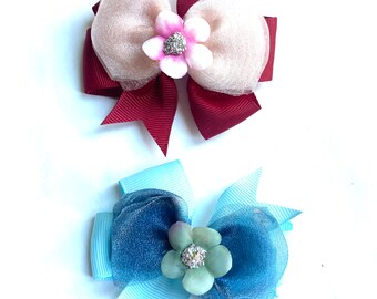 Garden Blossom Double Ribbon Hair Bow, Girl Hairbows, Pet Hairbows - Hair Bow Clip Approx. 3.25 inches