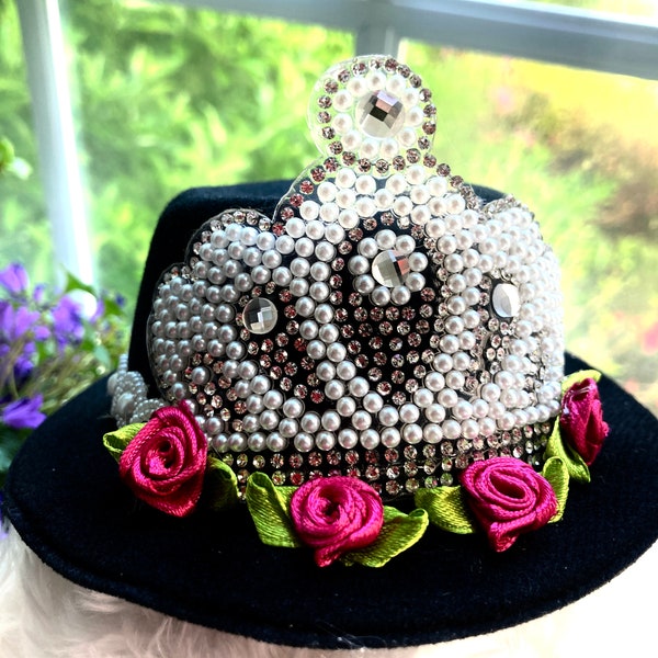 Two Looks in One, Royal Rose Pearl Crown Elegance Hat, Garden Rose Flower Hat, Headwear for Pets or Girls - One Size Diameter 5"