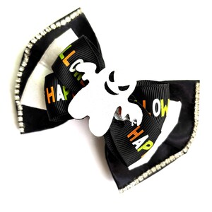 Boo and Bling Satin Bow, Ghosh, Rhinestone, Custom Made Dog Bow, Bow Tie for Dog & Cat, or Hair Bow for Girl - Size S3.5" to L5.5"