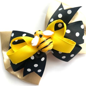 Buzzing Sunshine Bee  Bow, Custom Made Dog Bow, Cat Bow, Bow Tie for Pet, or Hair Bow for Girl -Size M4.5&quot; - L5.5&quot;