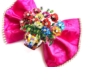 Mom’s Garden Bouquet Satin Bow, Rhinestone, Brocade, Custom Made Dog Bow, Cat Bow, BowTie, Hair Bow for Girl - Small  3.5" to Large 5.5"