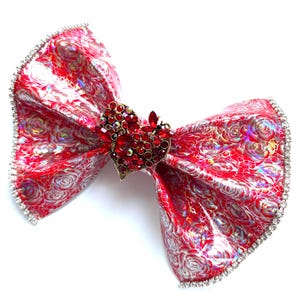 Ruby Rose Royale Bow  Holographic,Faux Leather, Rhinestone Heart, Custom Made Dog Bow  BowTie for Dog & Cat, Hair Bow for Girl, S3.5" -L5.5"