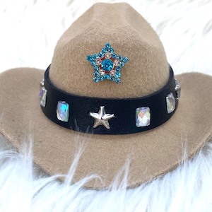 Sparking Rhinestones Western Cowboy Light Brown Pet Hat  for Small Dog or Cat, Cowboy Hat for Pets  - One Size Diameter 4.5"