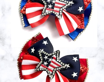 Star-Spangled Rhinestone Bow, Memorial Day, July 4th, Custom Made Dog Bow, Bow Tie for Pet, or Hair Bow for Girl, Size S3.5" to L5.5"