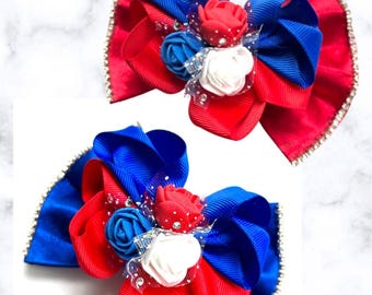 Red White & Blue Rose Bow, Rhinestone,Memorial Day,July 4th, Custom Made Dog Bow, Bow Tie for Pet, or Hair Bow for Girl, Size S3.5" to L5.5"