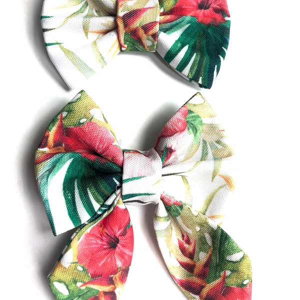 Tropical Hibiscus, Bird of Paradise Flower, Sailor Bow Tie Set, Dog Bow, Bow Tie for Dog & Cat, or Hair Bow for Girl -Size 3.5" - L5.5"