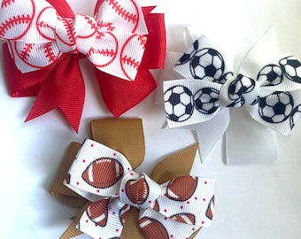 Football, Baseball, Soccer Ribbon Hair Bow, Girl Hairbows, Pet Hairbows - Hair Bow Clip Approx. 3 inches