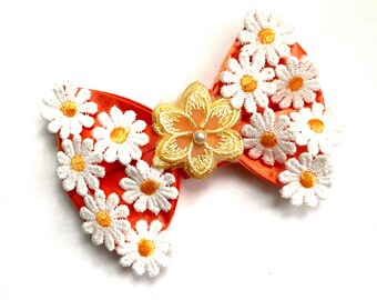 Tangerine Daisy Satin Bow, Daisy Flowers Bow, Faux Pearl, Custom Made Dog Bow, Bow Tie for Dog & Cat, or Hair Bow for Girl, S3.5 -L5.5"