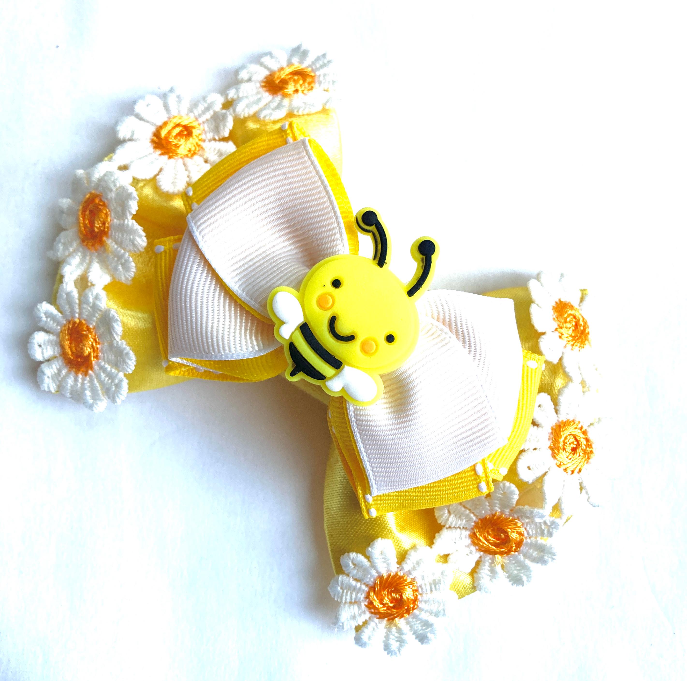 Sunny Bee Bloom Bow, Daisy Flowers Bow, Custom Made Dog Bow, Bow Tie for Dog & Cat, or Hair Bow for Girl, S3.5 -L5.5"